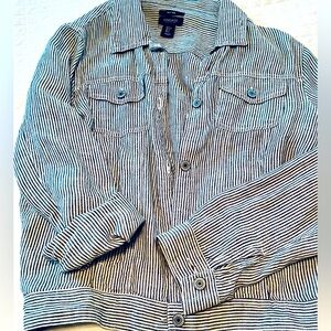 Jones New York Jean Style 100% Linen Jacket. Gray and White Stripes. Size Large.